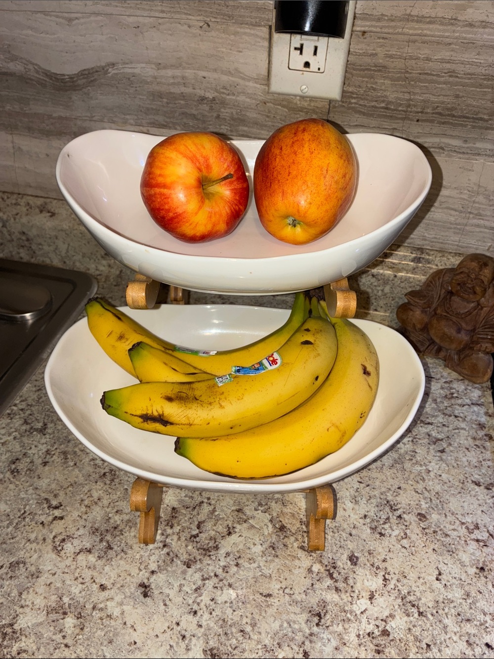 Two-Tier White Ceramic Fruit Stand with Wooden Frame